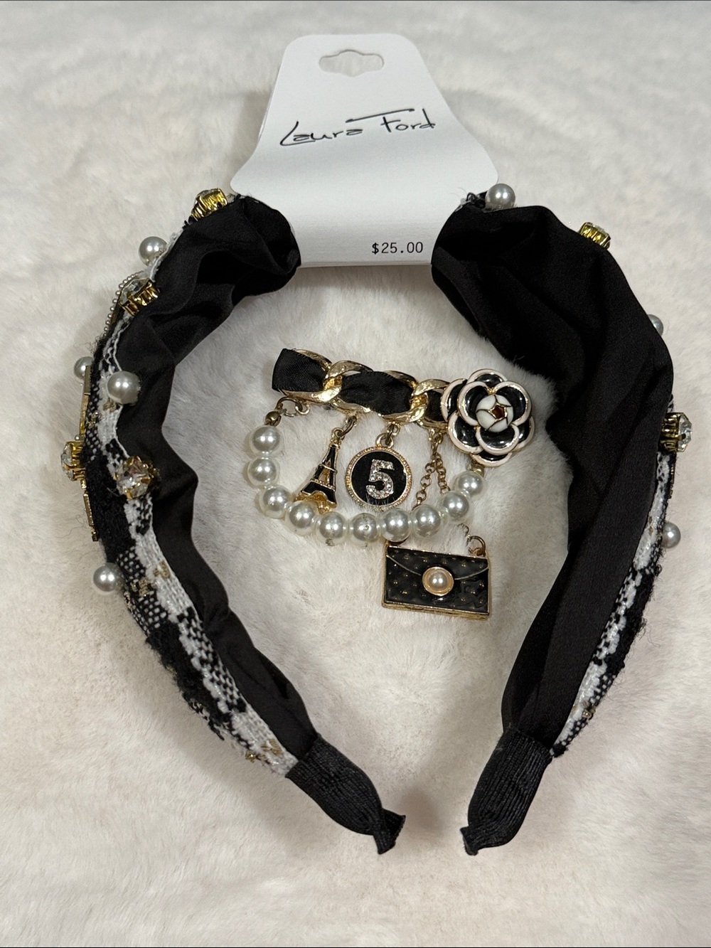 Black & White Tweed Charm headband & fashion pin with Pearl Accents NWT. - Picture 5 of 7